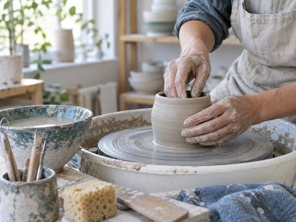 Scène d’illustration : mains façonnant un vase en terre sur un tour de potier