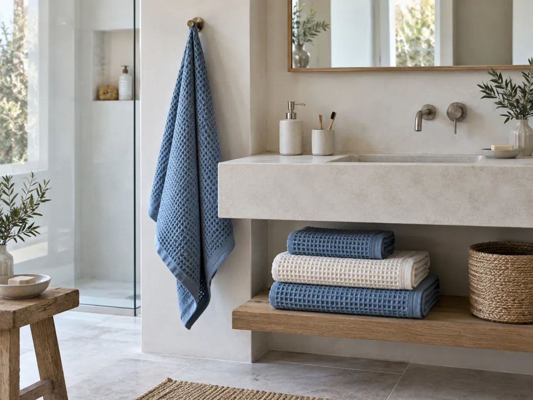 Salle de bains claire avec serviettes nid-d’abeilles tissées en France