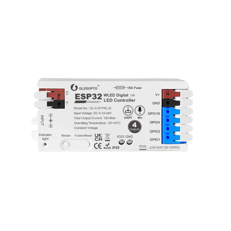 Gledopto GL-C-017WL-D – Contrôleur LED WLED ESP32 4 sorties 5-14V 15A 800 ICs (WS2811, WS2812B, SK6812, TM1814)