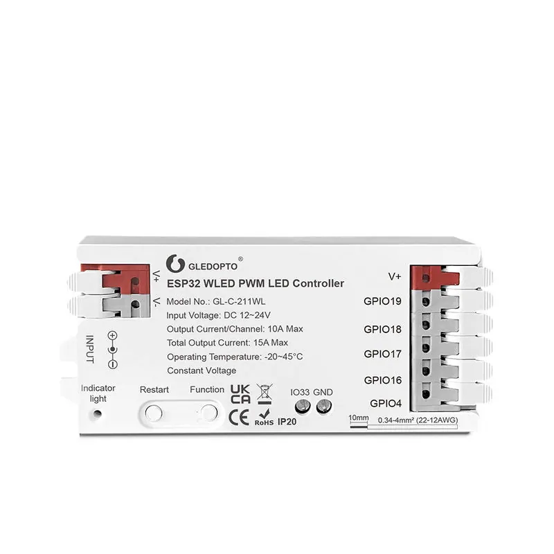 Gledopto GL-C-211WL – Contrôleur LED WLED PWM ESP32 12-24V 15A Max (WS2811, WS2812B, SK6812)