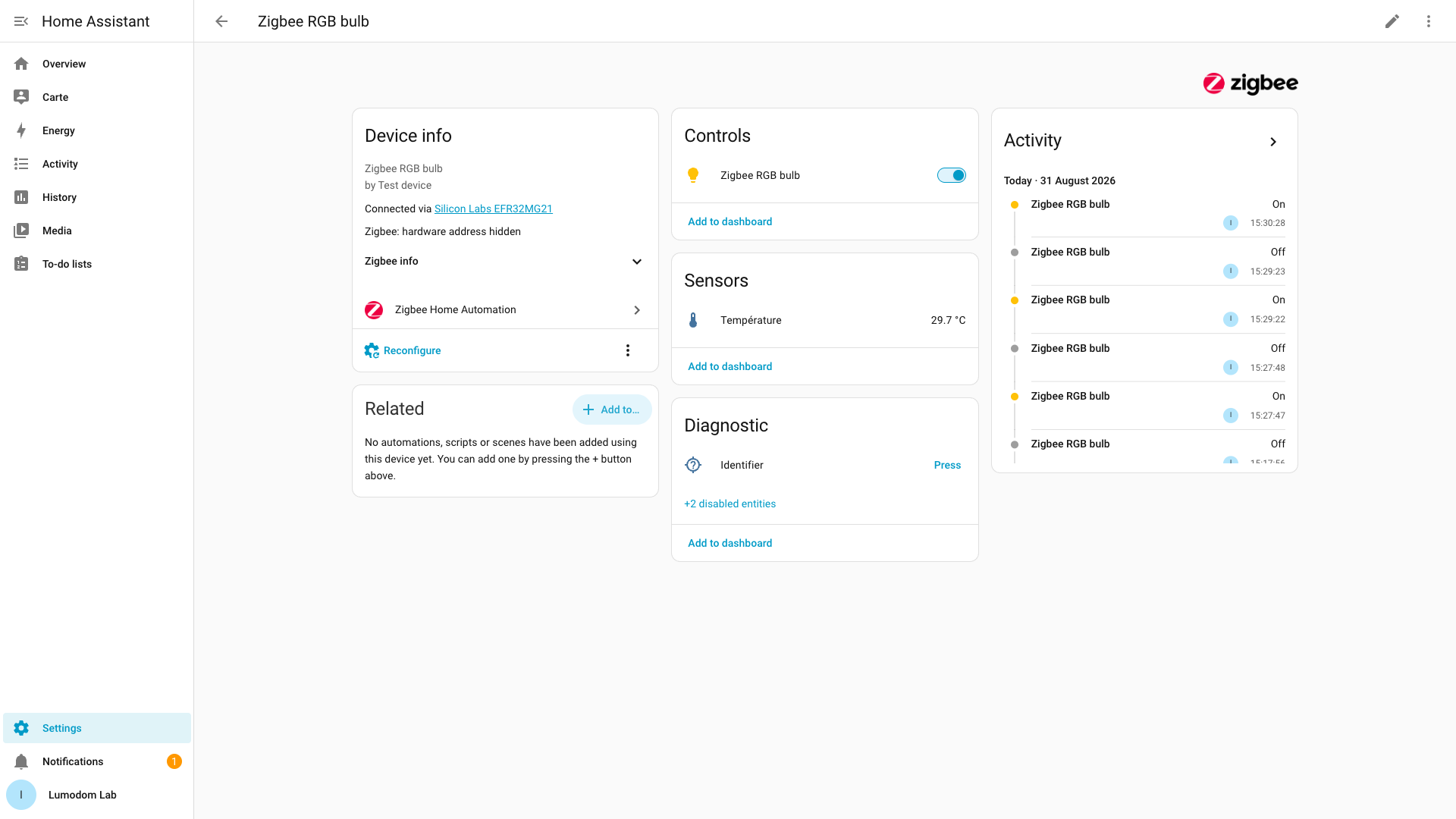 Appareil Zigbee commandé dans Home Assistant avec ZHA pour vérifier la communication